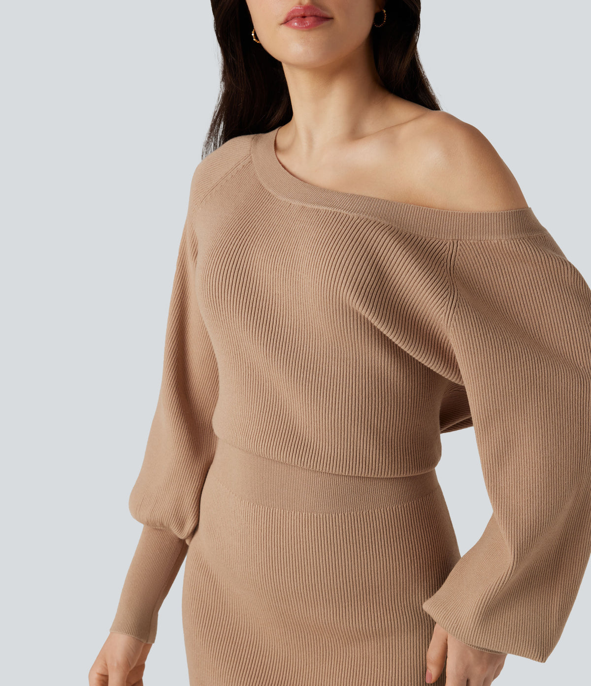 Boat Neck Long Sleeve Bodycon Mini Work Jumper Dress — Camel — view 4