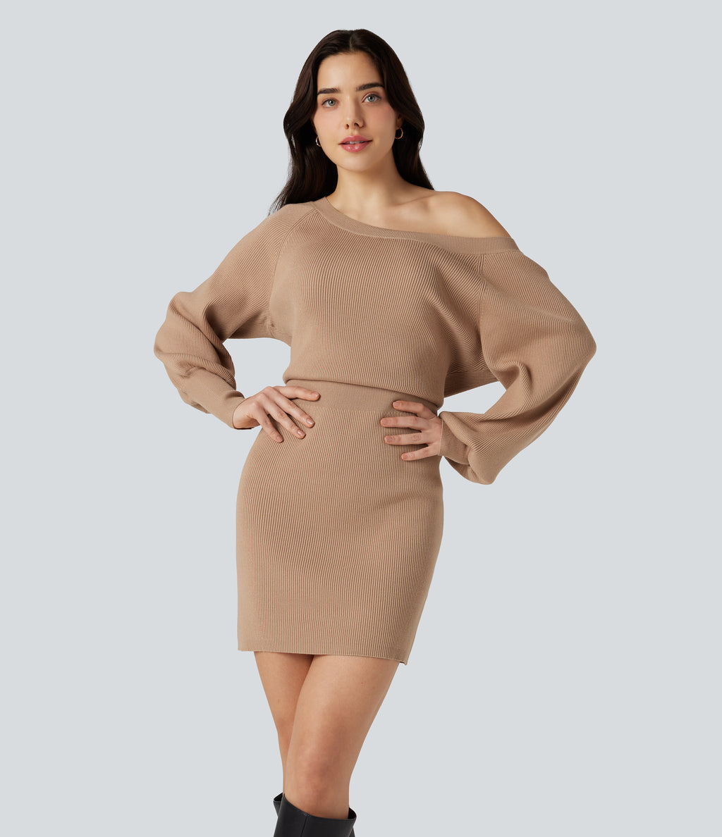 Boat Neck Long Sleeve Bodycon Mini Work Jumper Dress — Camel — view 1