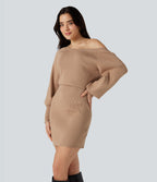 Boat Neck Long Sleeve Bodycon Mini Work Jumper Dress — Camel — view 3