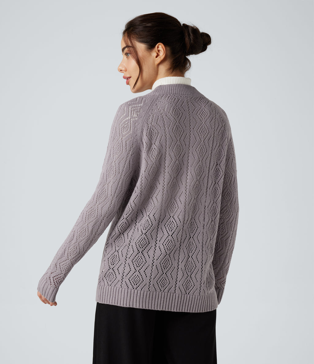 Round Neck Long Sleeve Button Fly Hollow Out Casual Cardigan — Lilac Marble — view 2