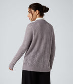 Round Neck Long Sleeve Button Fly Hollow Out Casual Cardigan — Lilac Marble — view 2