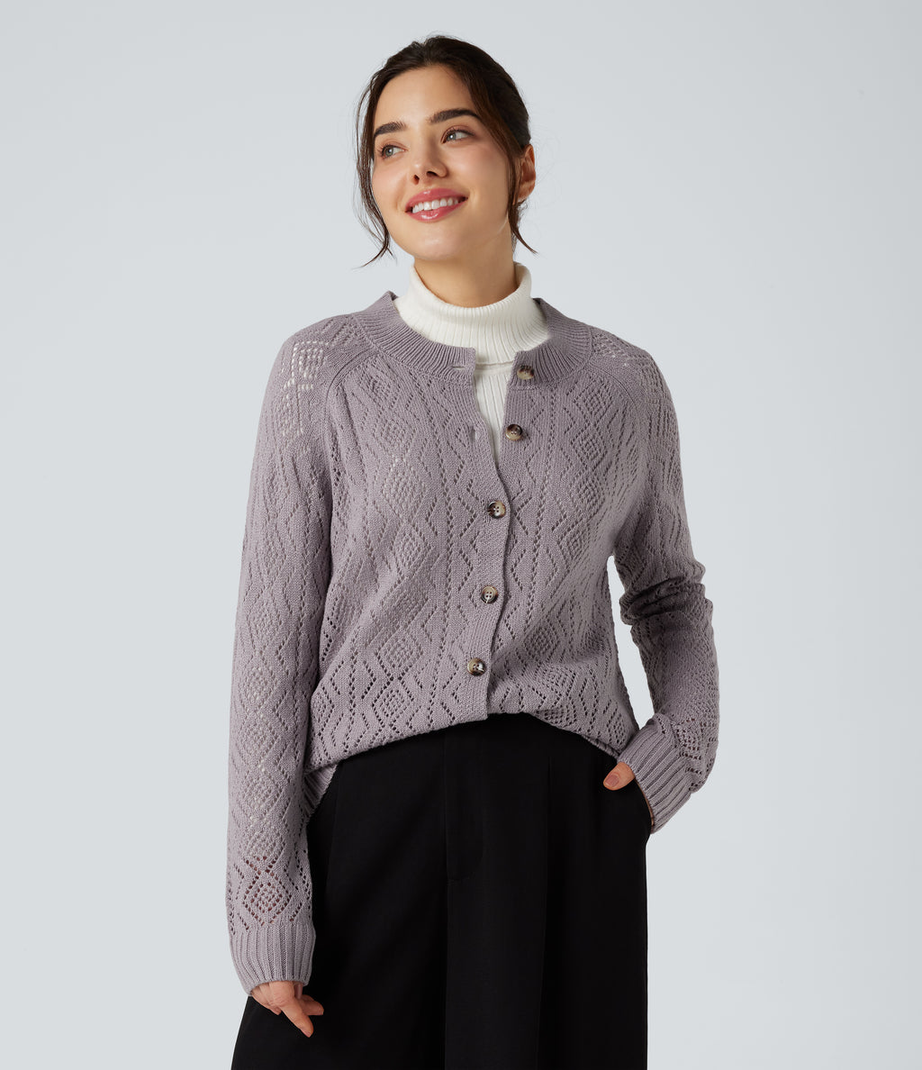 Round Neck Long Sleeve Button Fly Hollow Out Casual Cardigan — Lilac Marble — view 1
