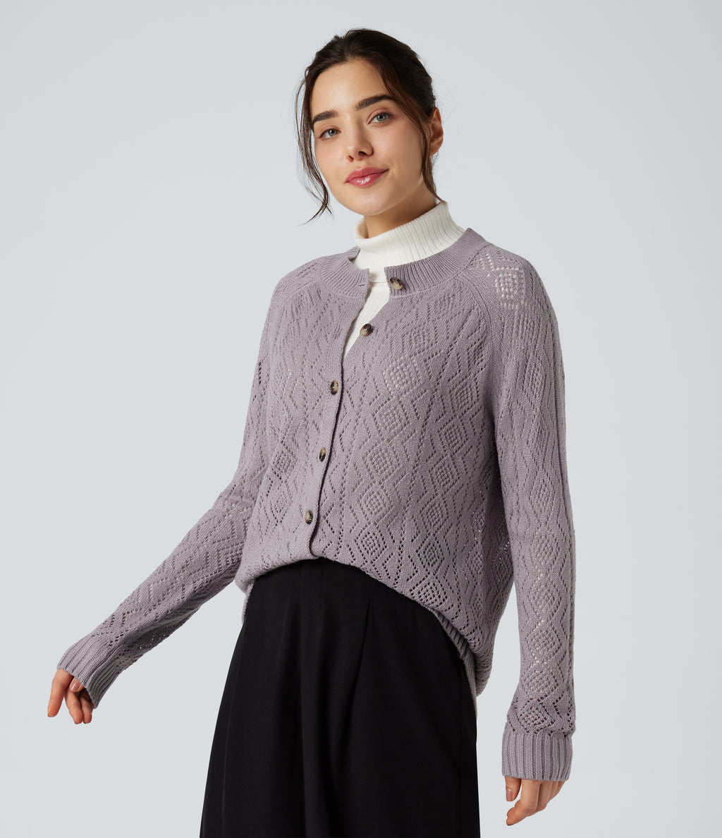 Round Neck Long Sleeve Button Fly Hollow Out Casual Cardigan — Lilac Marble — view 3