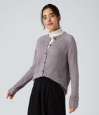 Round Neck Long Sleeve Button Fly Hollow Out Casual Cardigan — Lilac Marble — view 3