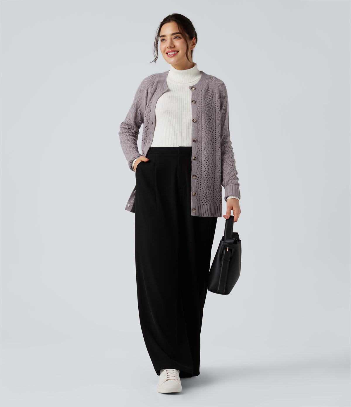 Round Neck Long Sleeve Button Fly Hollow Out Casual Cardigan — Lilac Marble — view 6