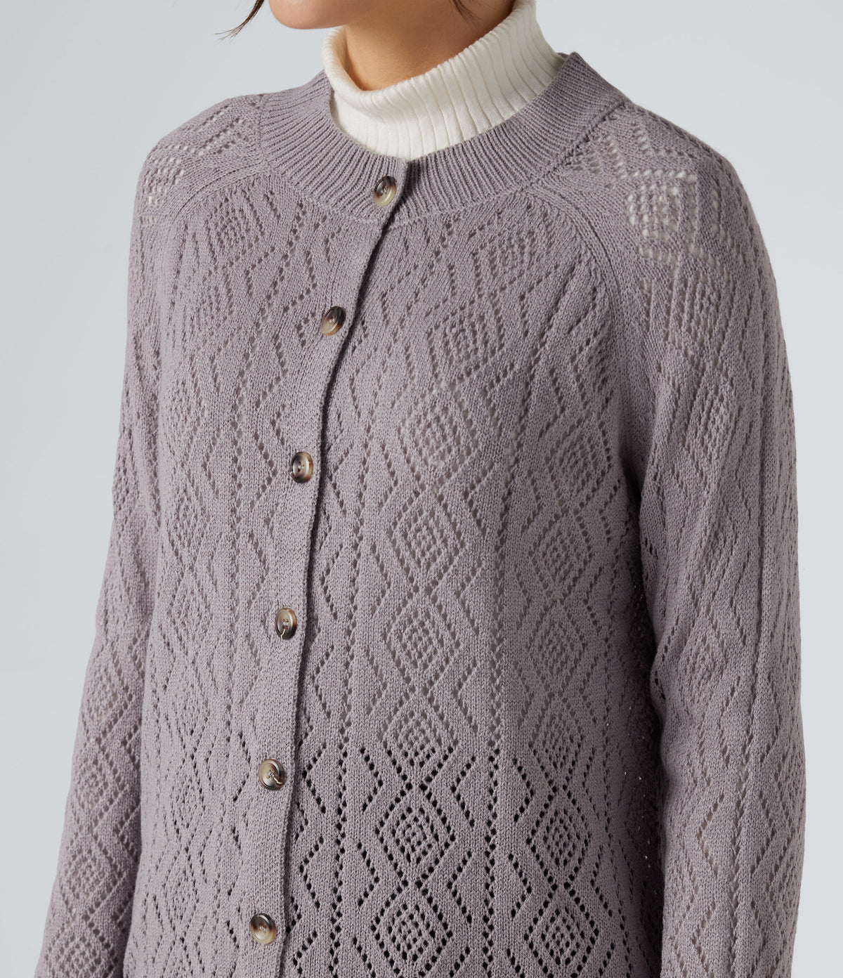 Round Neck Long Sleeve Button Fly Hollow Out Casual Cardigan — Lilac Marble — view 4