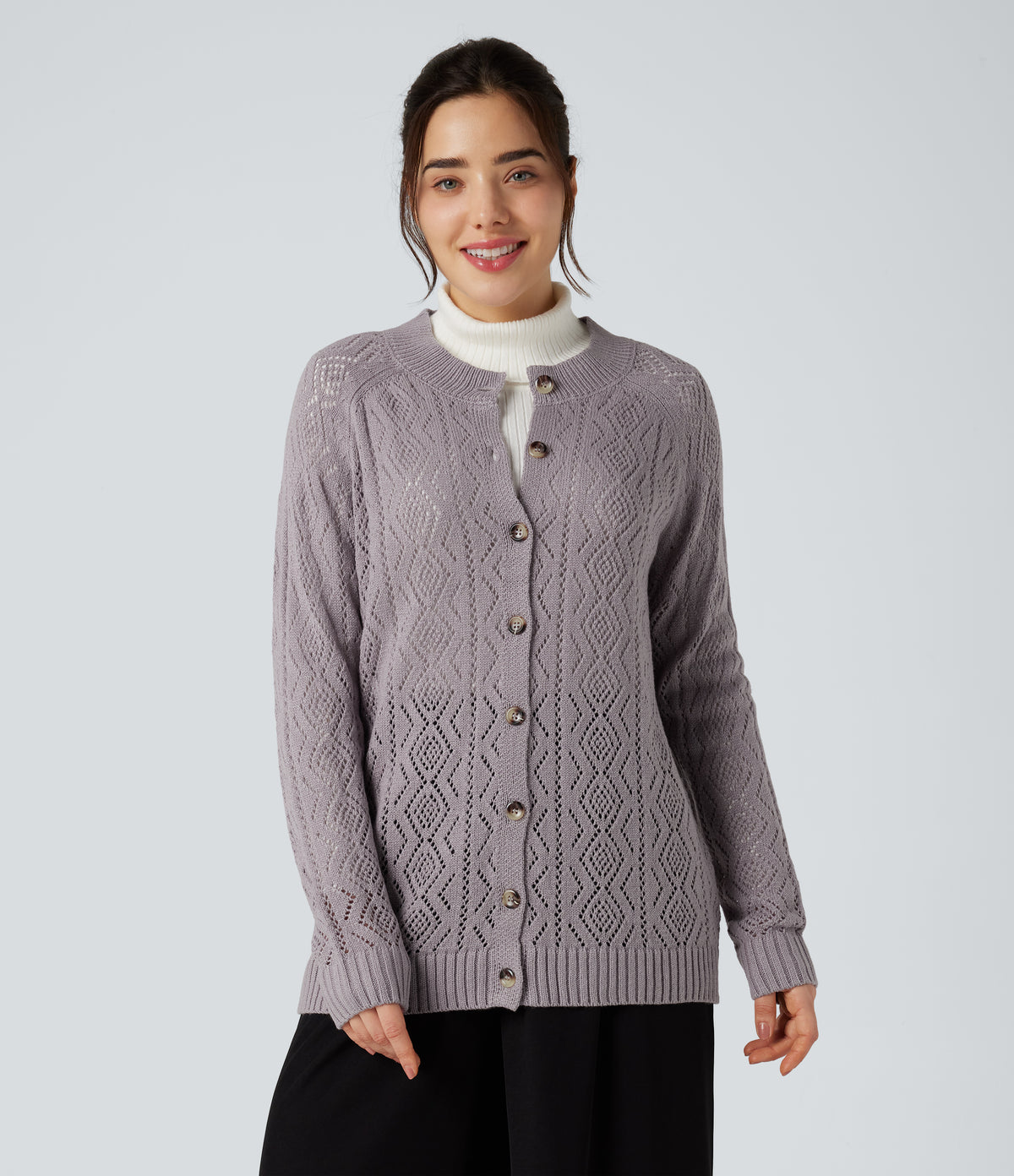 Round Neck Long Sleeve Button Fly Hollow Out Casual Cardigan — Lilac Marble — view 5