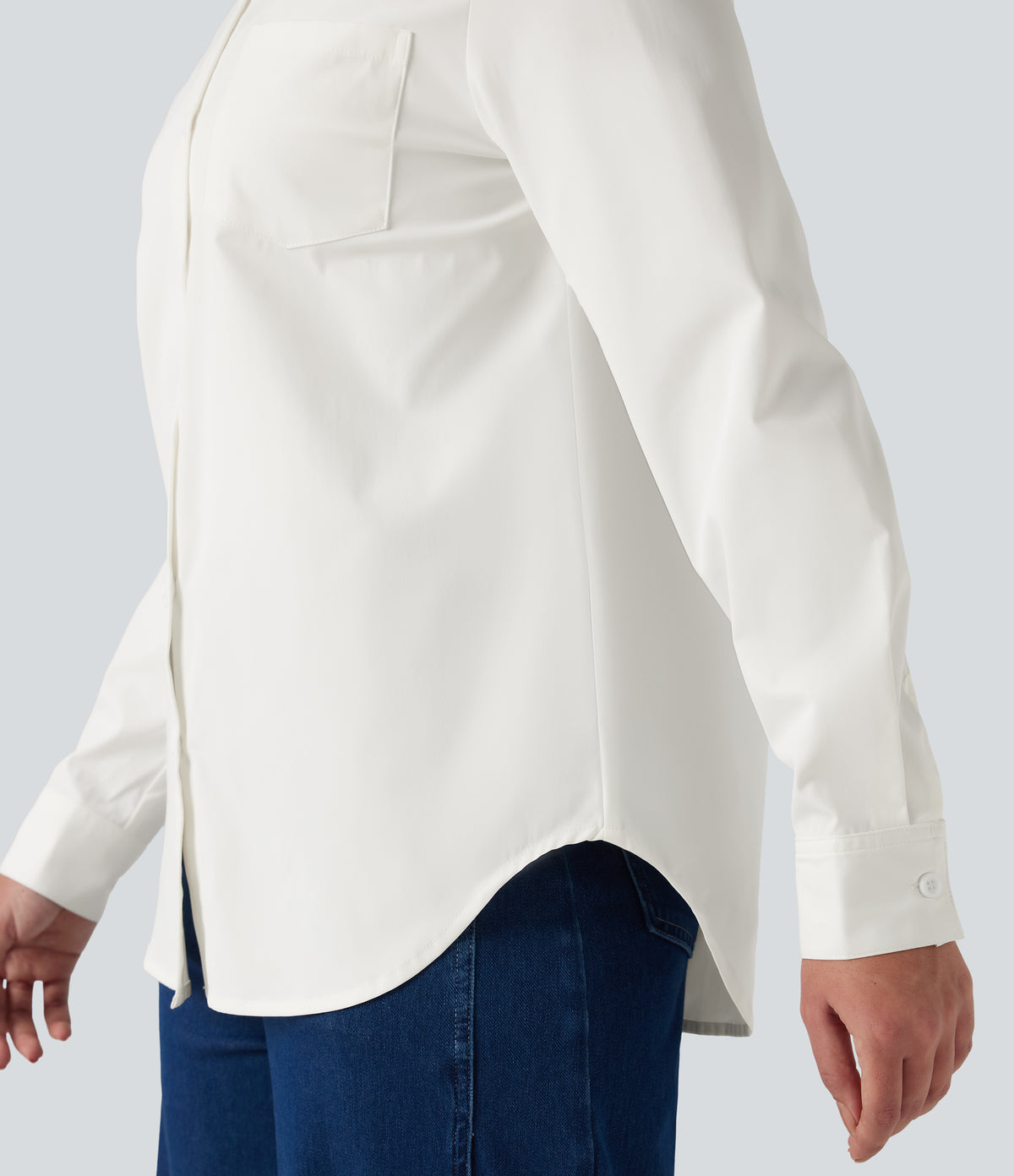 Collar Long Sleeve Curved Hem Work Shirt with Chest Pocket — White — view 6