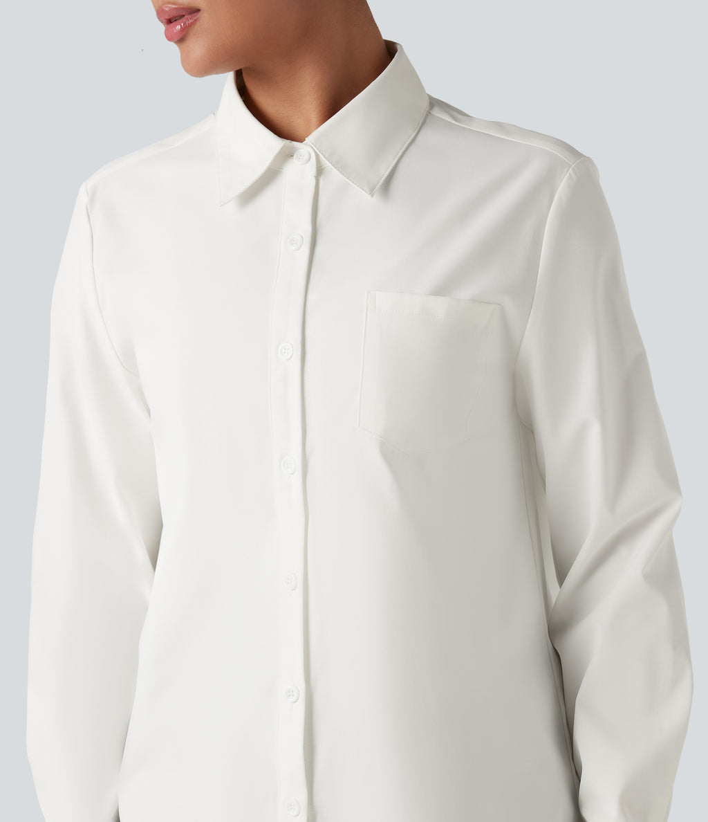 Collar Long Sleeve Curved Hem Work Shirt with Chest Pocket — White — view 4