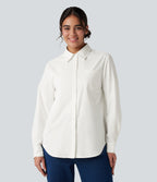 Collar Long Sleeve Curved Hem Work Shirt with Chest Pocket — White — view 7