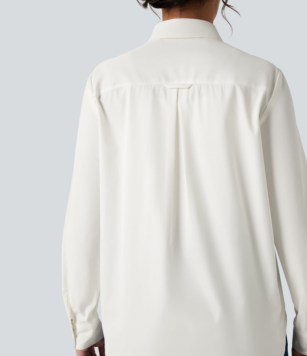 Collar Long Sleeve Curved Hem Work Shirt with Chest Pocket — White — view 5