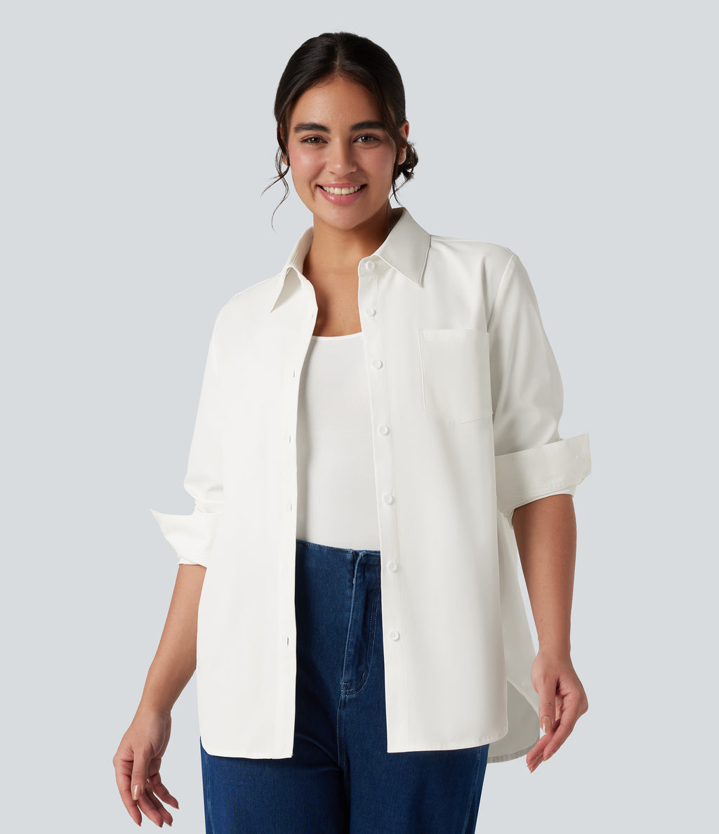 Collar Long Sleeve Curved Hem Work Shirt with Chest Pocket — White — view 8