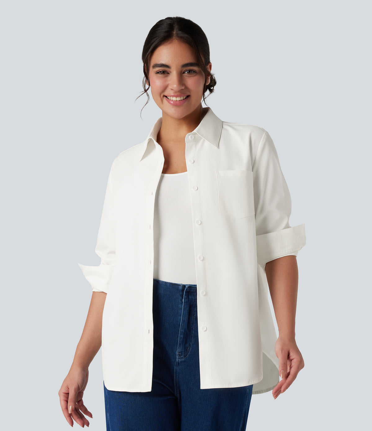 Collar Long Sleeve Curved Hem Work Shirt with Chest Pocket — White — view 8
