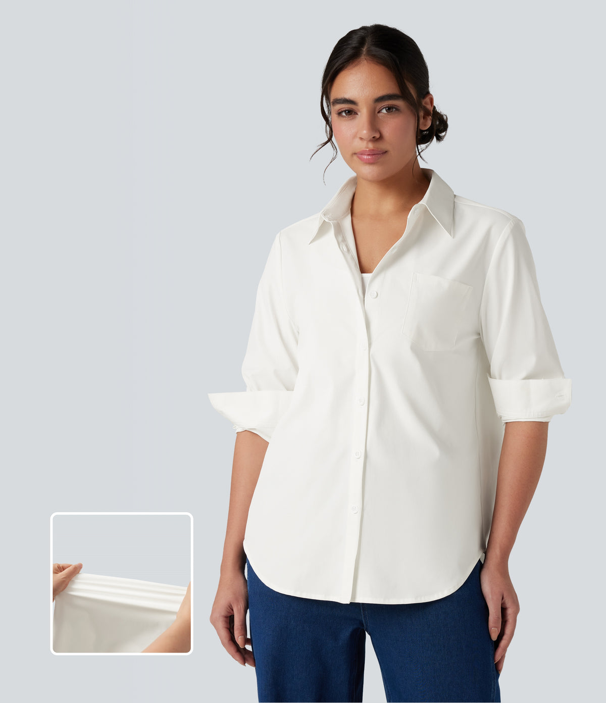 Collar Long Sleeve Curved Hem Work Shirt with Chest Pocket — White — view 1