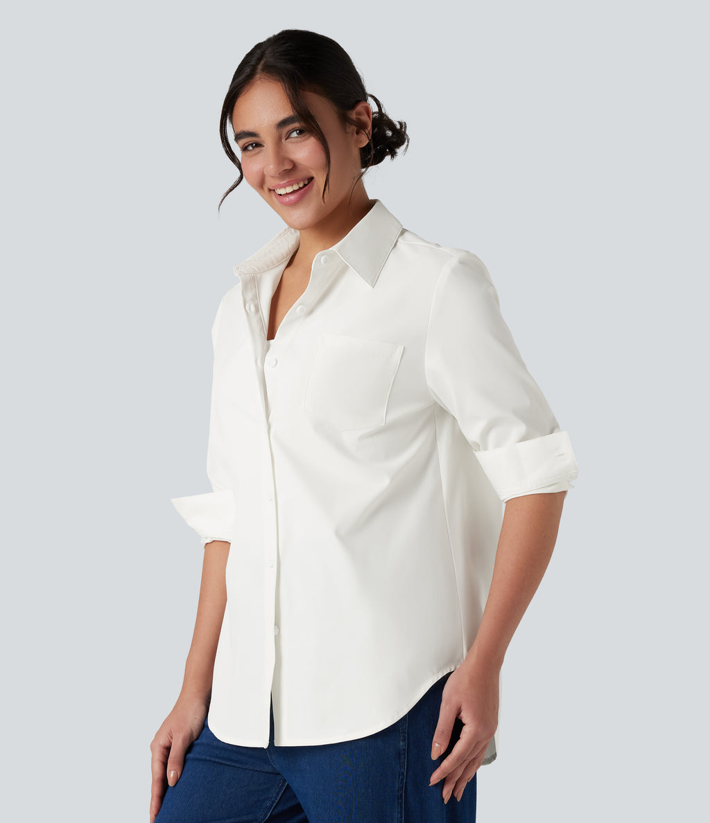 Collar Long Sleeve Curved Hem Work Shirt with Chest Pocket — White — view 3