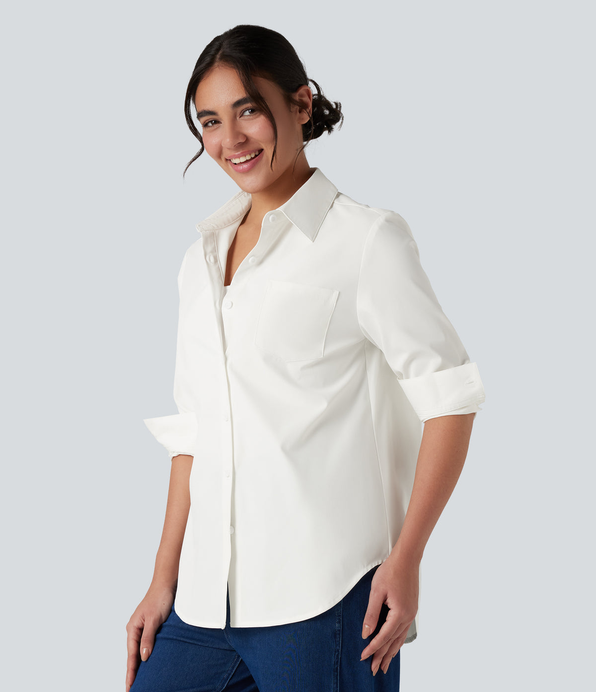 Collar Long Sleeve Curved Hem Work Shirt with Chest Pocket — White — view 3