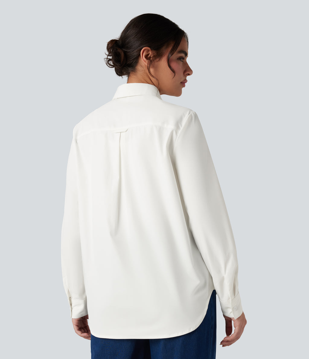 Collar Long Sleeve Curved Hem Work Shirt with Chest Pocket — White — view 2