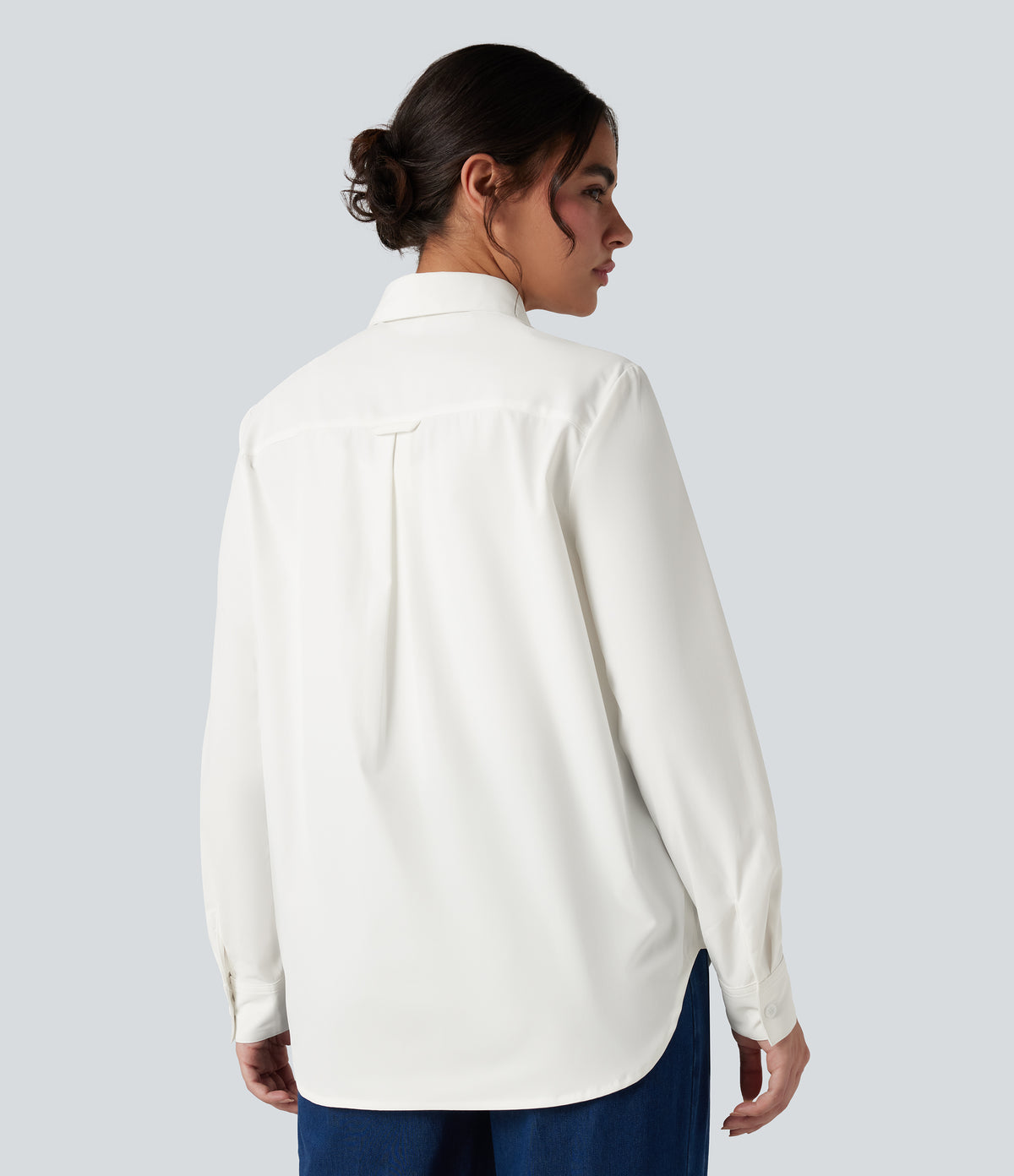 Collar Long Sleeve Curved Hem Work Shirt with Chest Pocket — White — view 2