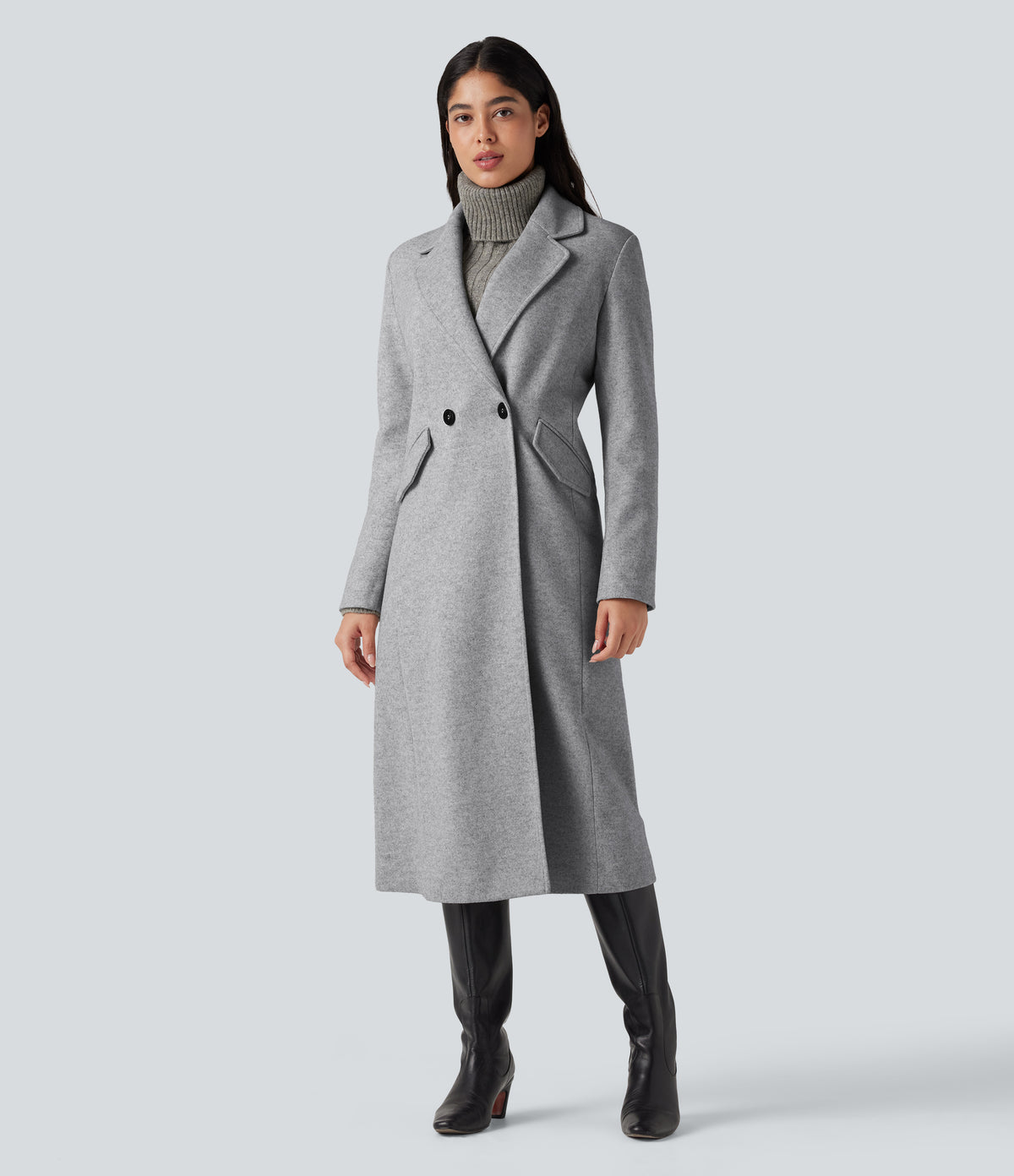 Notched Collar Long Sleeve Longline Fleece Casual Coat with Pockets — Marble Grey — view 5