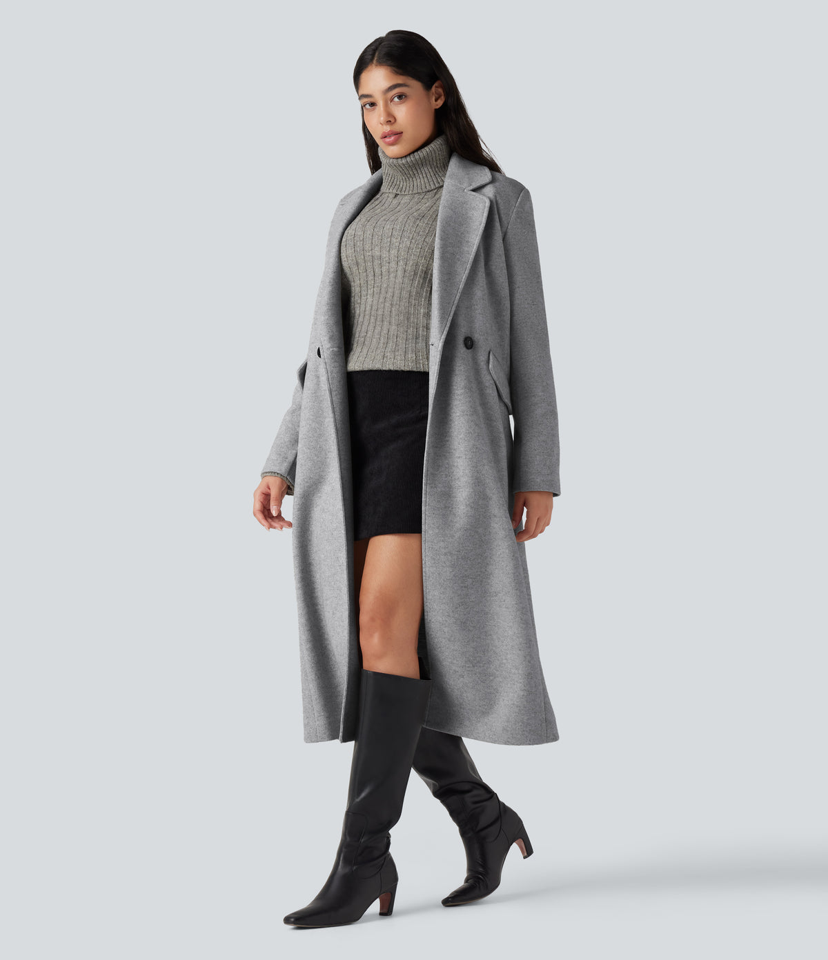 Notched Collar Long Sleeve Longline Fleece Casual Coat with Pockets — Marble Grey — view 3