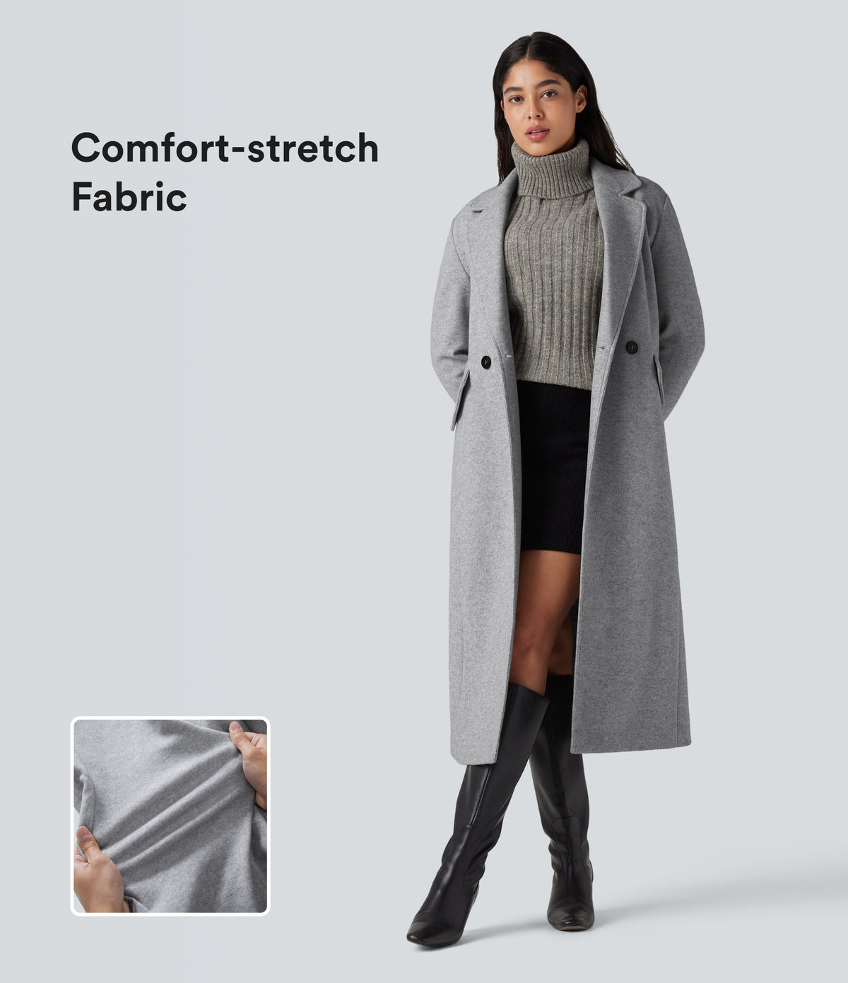 Notched Collar Long Sleeve Longline Fleece Casual Coat with Pockets — Marble Grey — view 1
