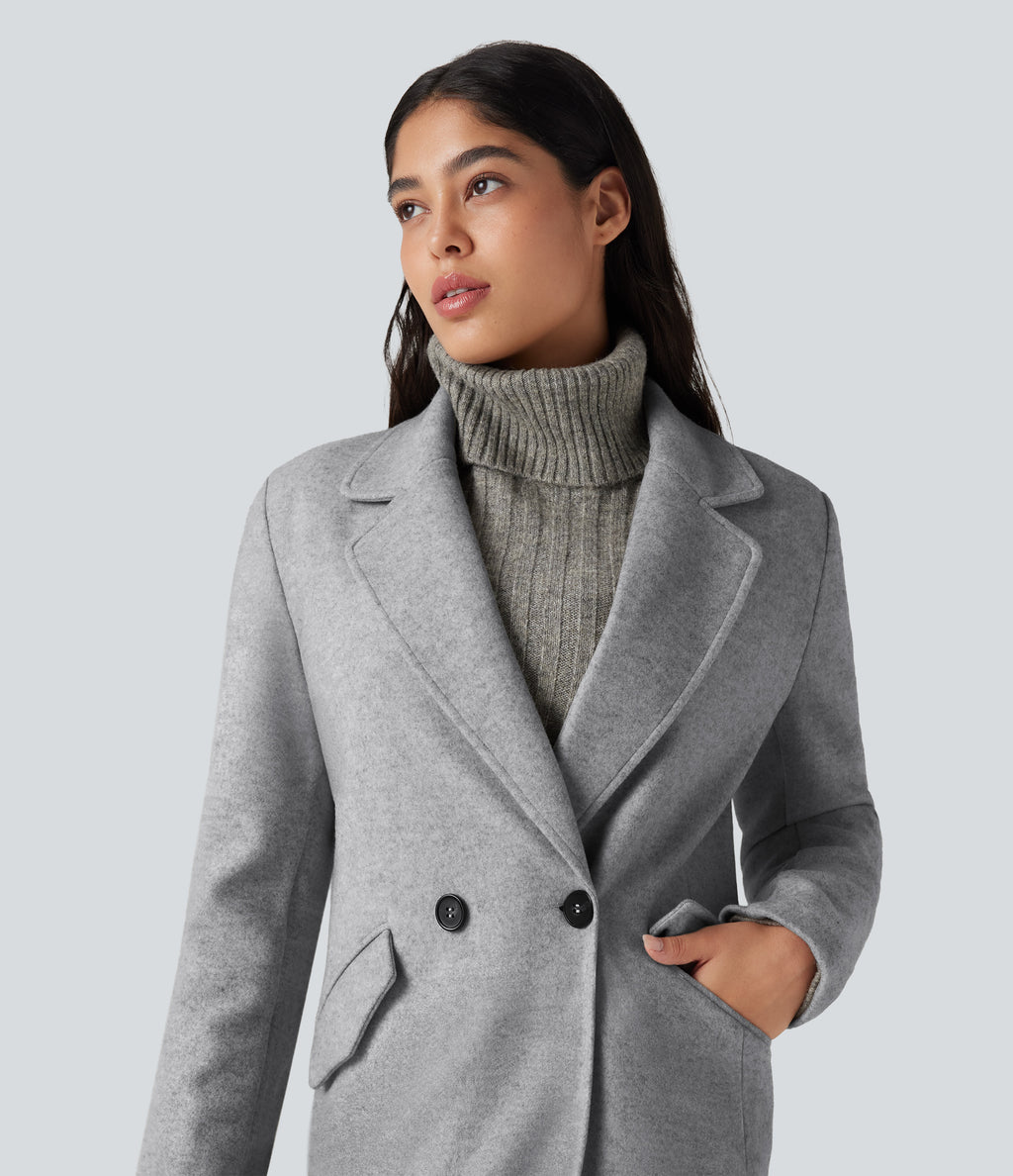 Notched Collar Long Sleeve Longline Fleece Casual Coat with Pockets — Marble Grey — view 4