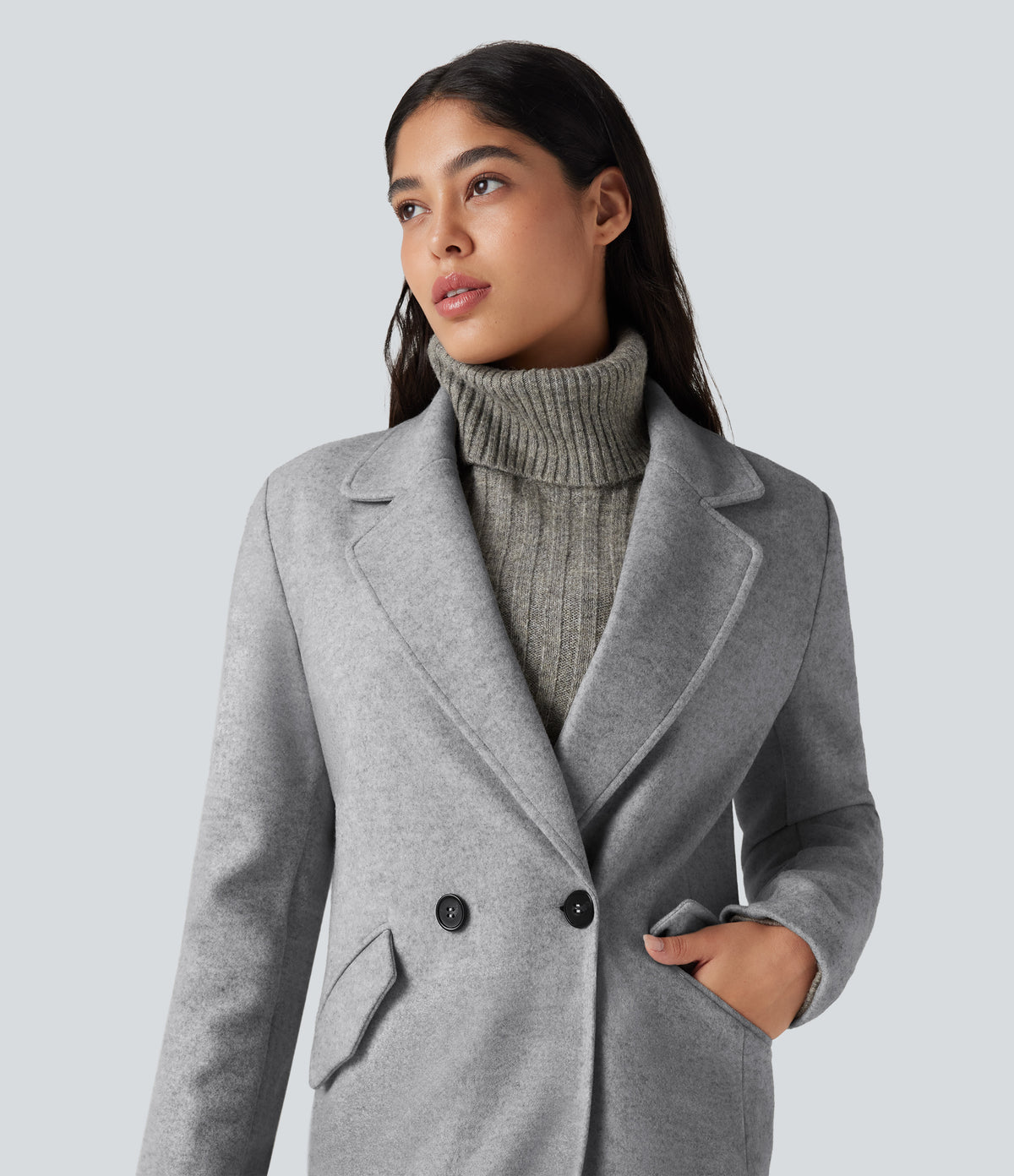 Notched Collar Long Sleeve Longline Fleece Casual Coat with Pockets — Marble Grey — view 4