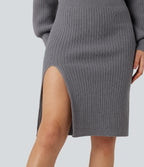 V-neck Batwing Long Sleeve Split Bodycon Midi Work Jumper Dress — Storm Front — view 6