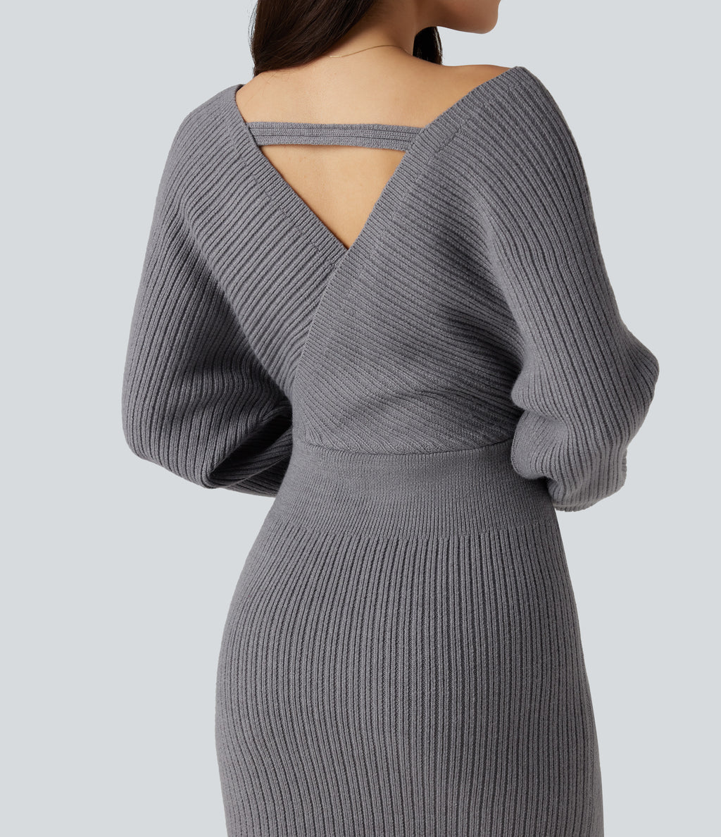 V-neck Batwing Long Sleeve Split Bodycon Midi Work Jumper Dress — Storm Front — view 5