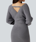 V-neck Batwing Long Sleeve Split Bodycon Midi Work Jumper Dress — Storm Front — view 5