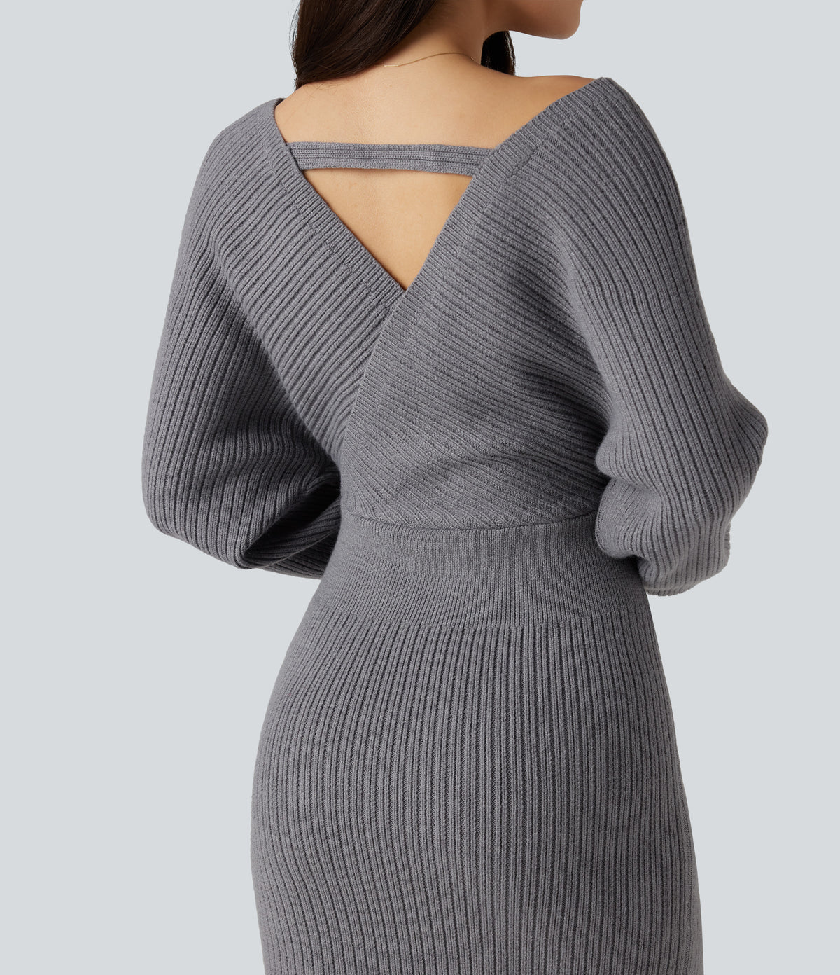 V-neck Batwing Long Sleeve Split Bodycon Midi Work Jumper Dress — Storm Front — view 5