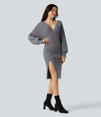 V-neck Batwing Long Sleeve Split Bodycon Midi Work Jumper Dress — Storm Front — view 3