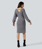 V-neck Batwing Long Sleeve Split Bodycon Midi Work Jumper Dress — Storm Front — view 2