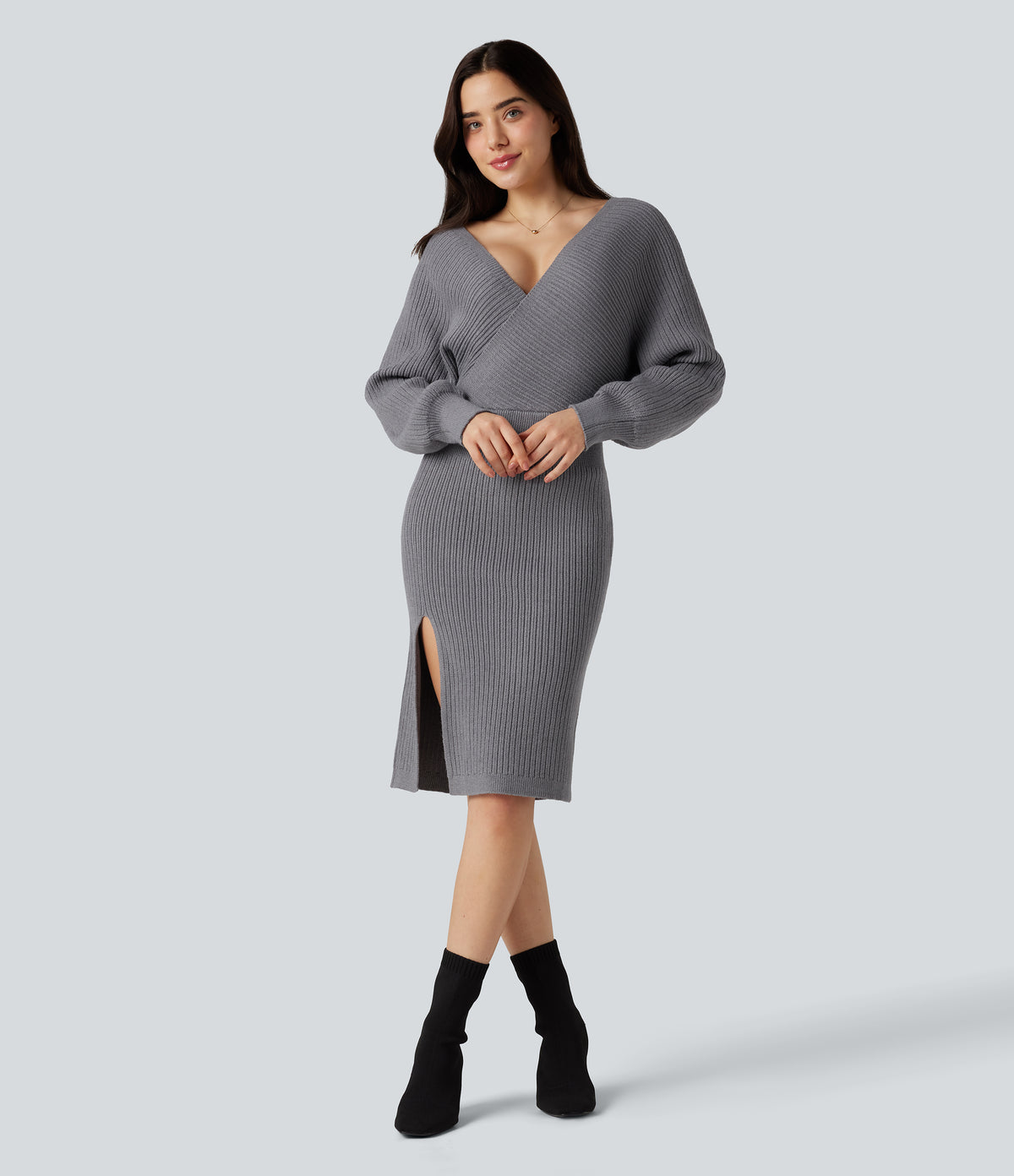 V-neck Batwing Long Sleeve Split Bodycon Midi Work Jumper Dress — Storm Front — view 1