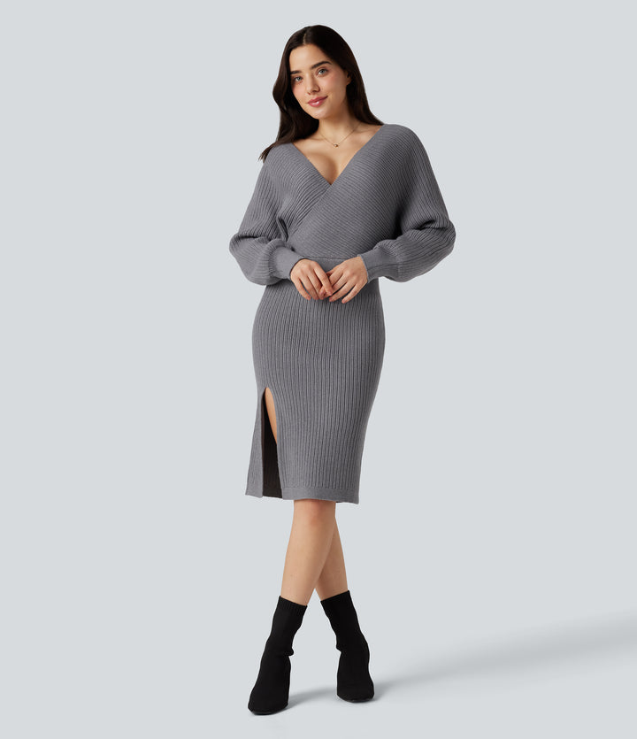 V-neck Batwing Long Sleeve Split Bodycon Midi Work Jumper Dress — Storm Front — view 1