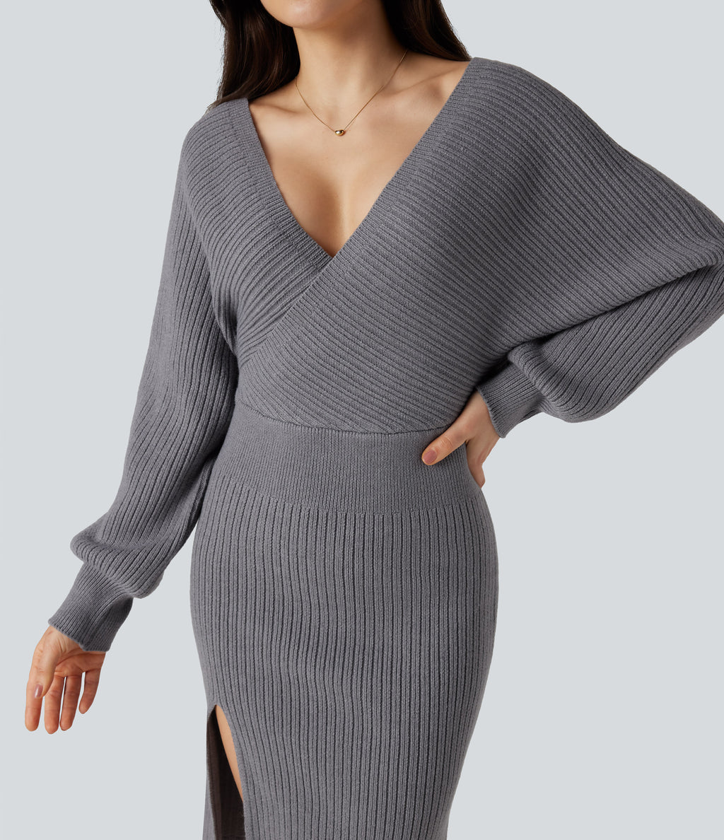 V-neck Batwing Long Sleeve Split Bodycon Midi Work Jumper Dress — Storm Front — view 4