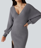 V-neck Batwing Long Sleeve Split Bodycon Midi Work Jumper Dress — Storm Front — view 4