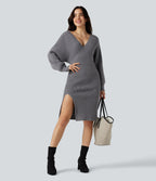 V-neck Batwing Long Sleeve Split Bodycon Midi Work Jumper Dress — Storm Front — view 7