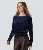 Round Neck Long Sleeve Velvet Casual Top — Deep Twilight — view 1