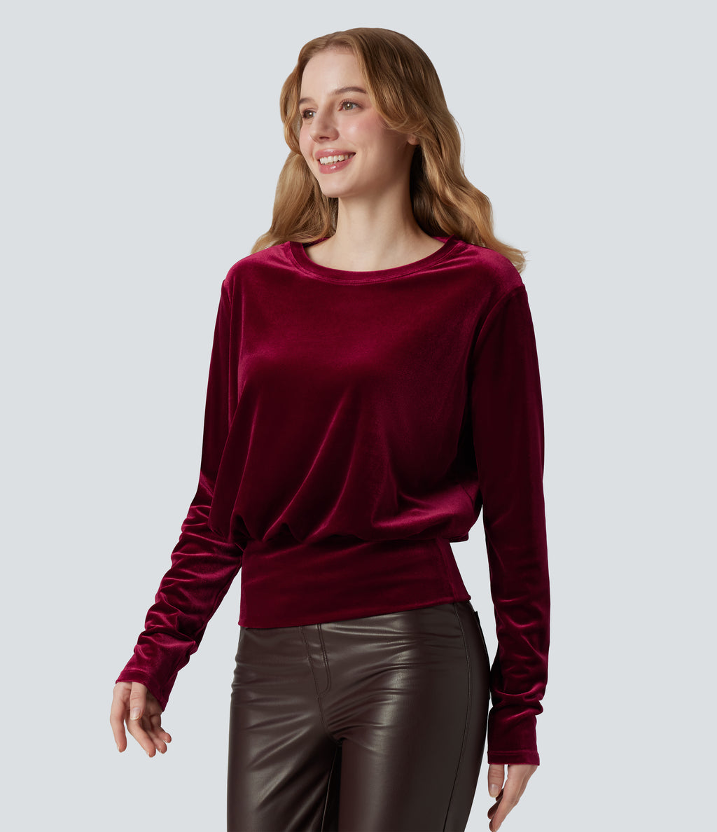 Round Neck Long Sleeve Velvet Casual Top — Sangria — view 6