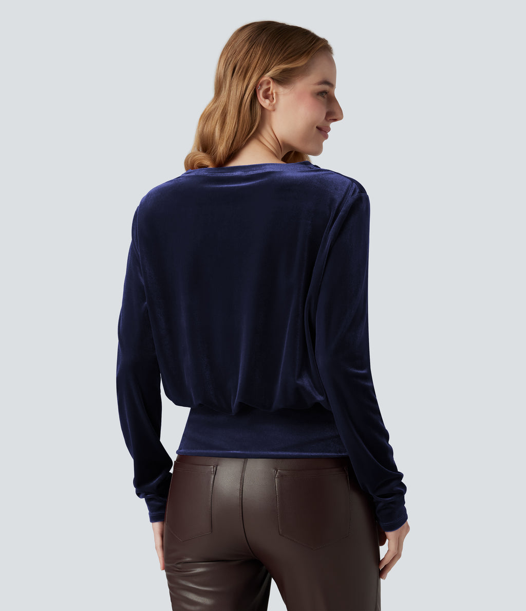 Round Neck Long Sleeve Velvet Casual Top — Deep Twilight — view 2