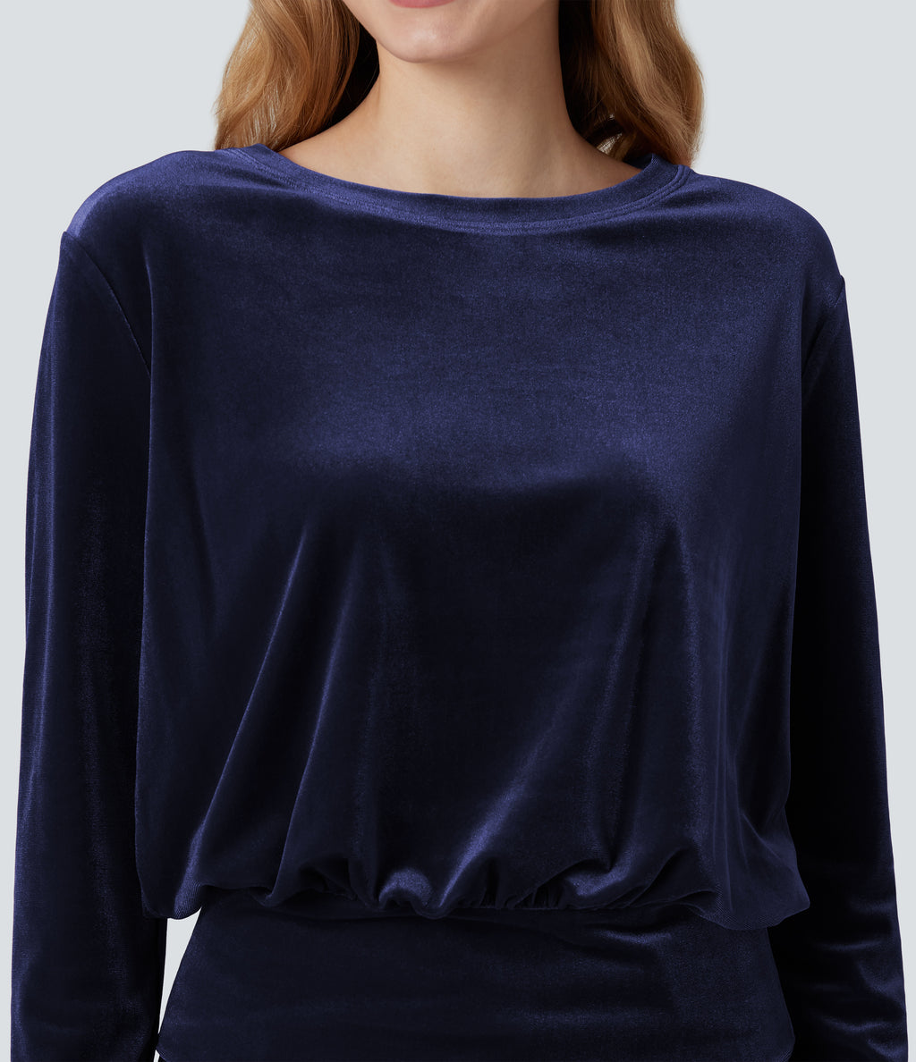 Round Neck Long Sleeve Velvet Casual Top — Deep Twilight — view 4