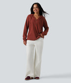 Hooded Henley Long Sleeve Waffle Casual Top — Fired Brick — view 6