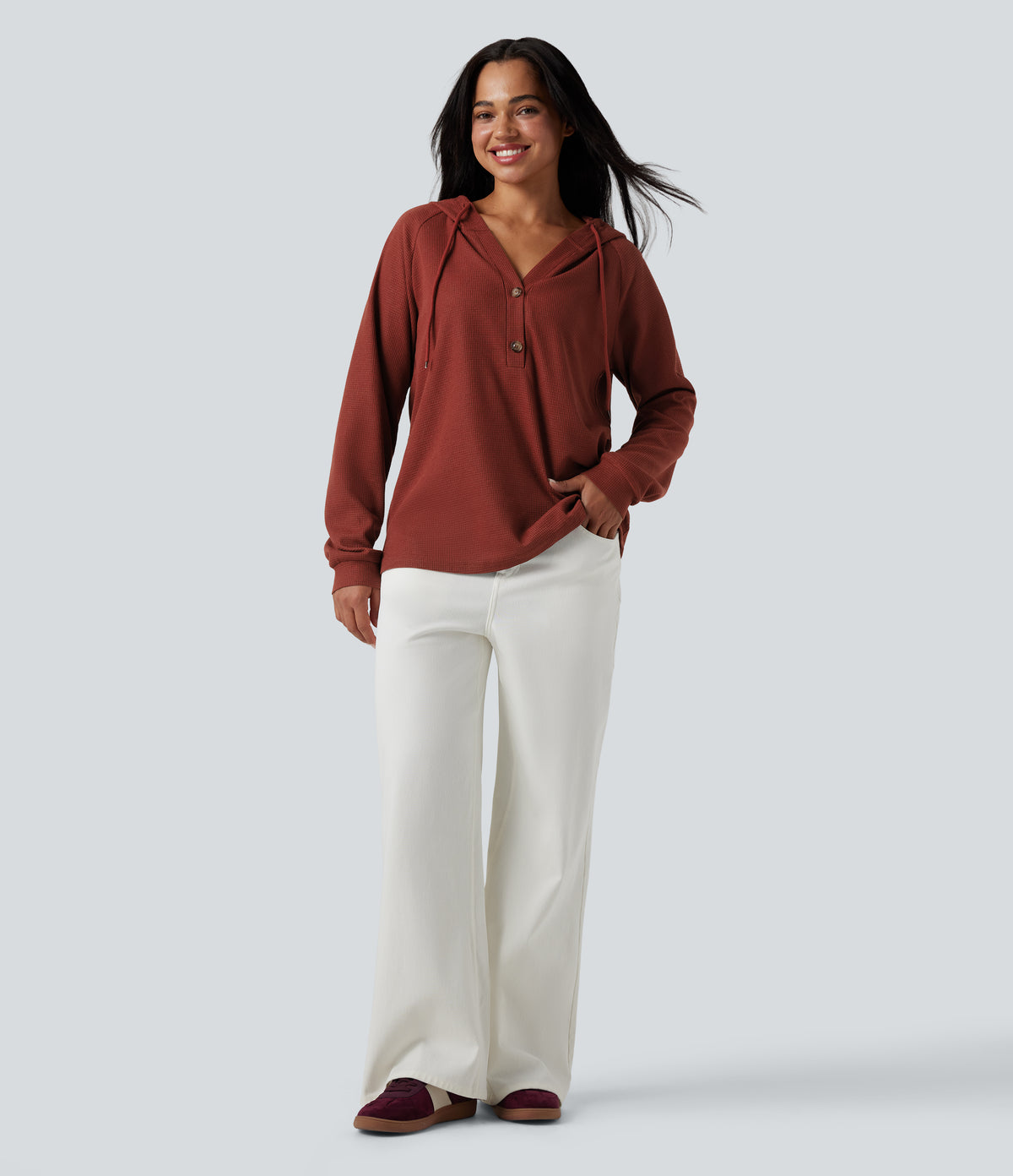 Hooded Henley Long Sleeve Waffle Casual Top — Fired Brick — view 6