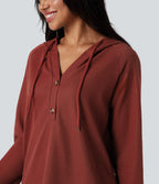 Hooded Henley Long Sleeve Waffle Casual Top — Fired Brick — view 5