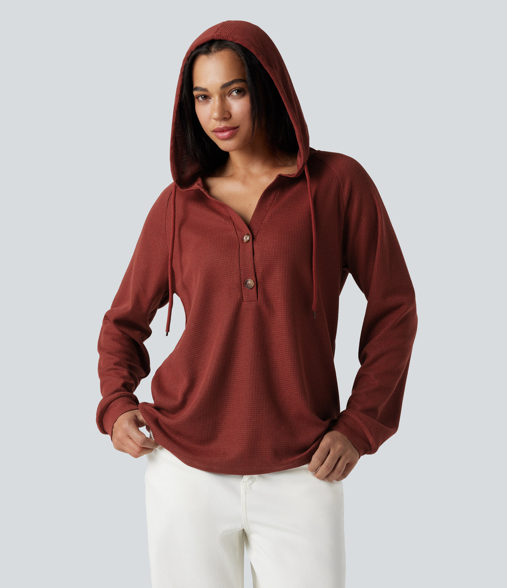 Hooded Henley Long Sleeve Waffle Casual Top — Fired Brick — view 4