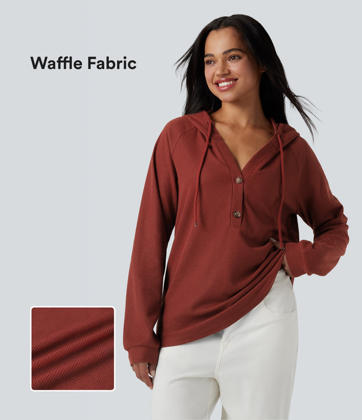 Hooded Henley Long Sleeve Waffle Casual Top — Fired Brick — view 1