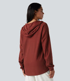 Hooded Henley Long Sleeve Waffle Casual Top — Fired Brick — view 3