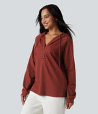 Hooded Henley Long Sleeve Waffle Casual Top — Fired Brick — view 2