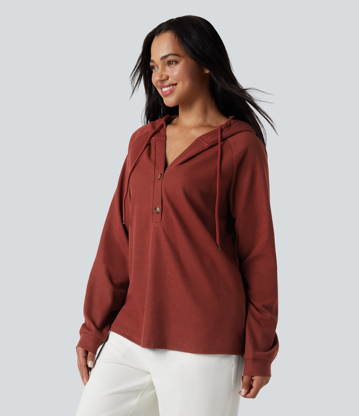 Hooded Henley Long Sleeve Waffle Casual Top — Fired Brick — view 2